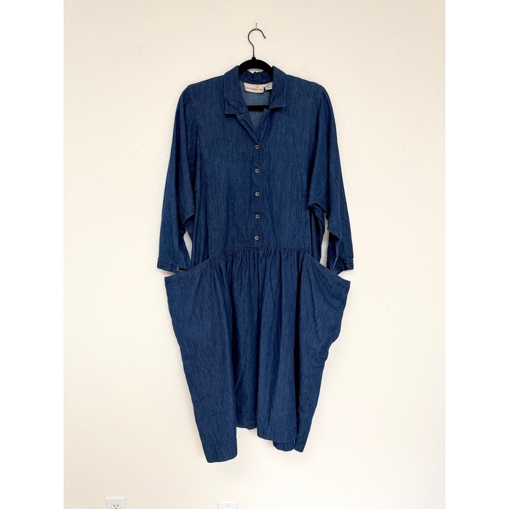 Liz Claiborne Vintage Blue Denim Button Down Midi Dress Large Pockets Size 10